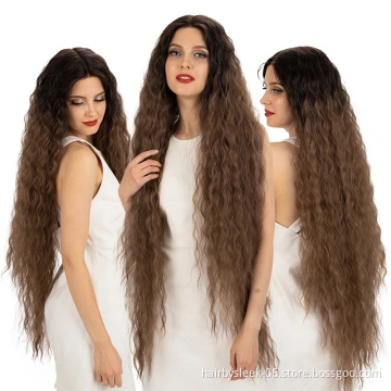 Henan Rebecca Long hair synthetic front lace wig heat resistant wavy with hair bangs High Temperature Fiber Synthetic hair Wigs